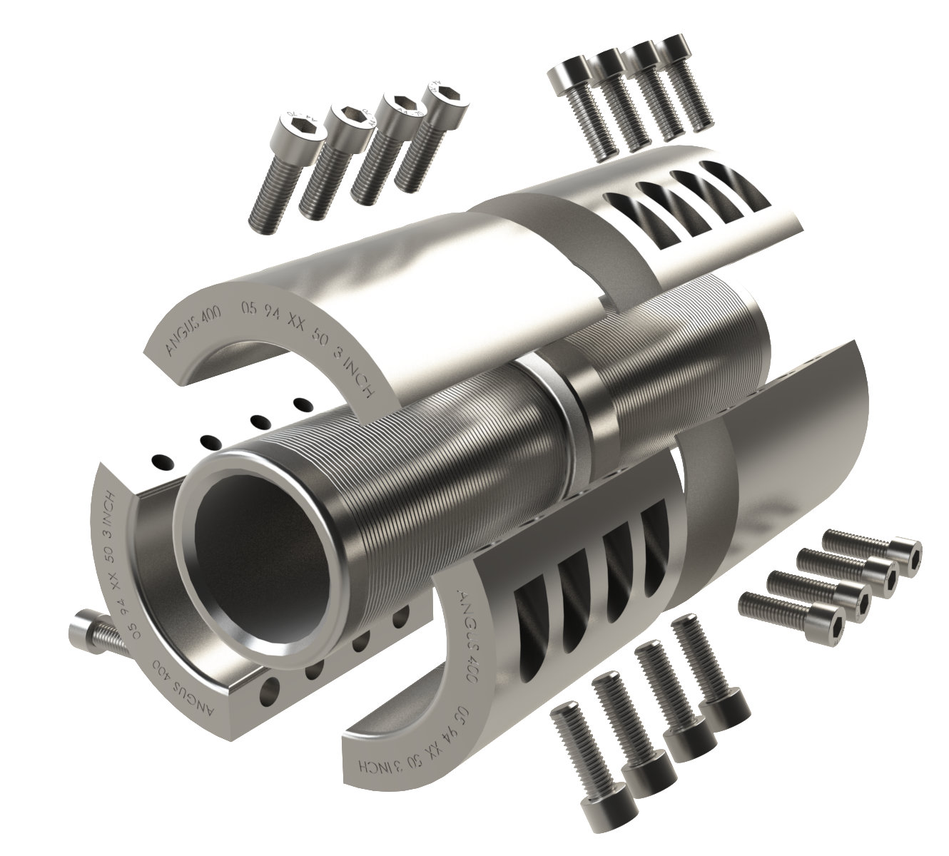 Exploded view of a metal cylindrical coupling with bolts, clamps, and socket screws.