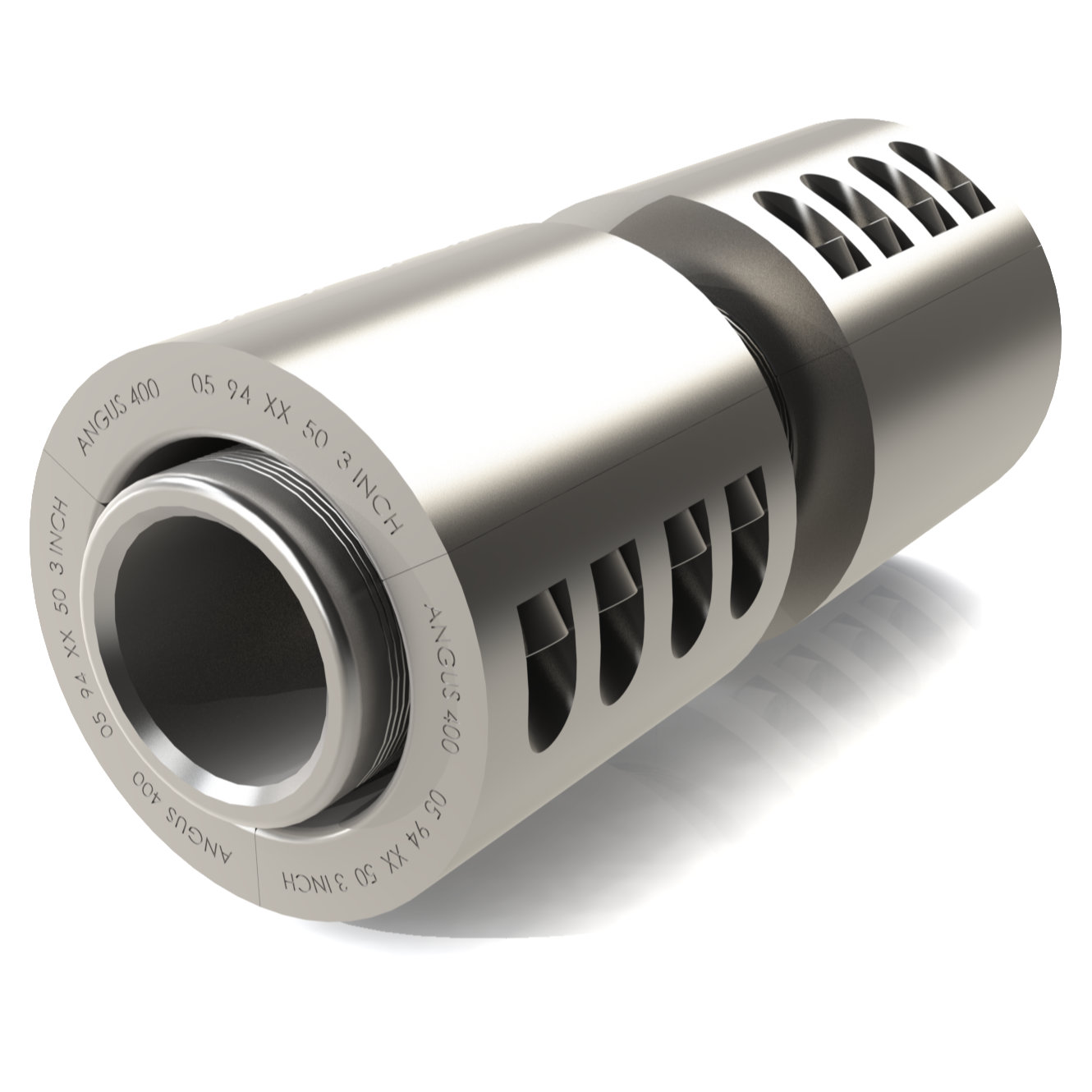 Metallic cylindrical engineering component with ventilation slots along the side and a threaded inner bore.