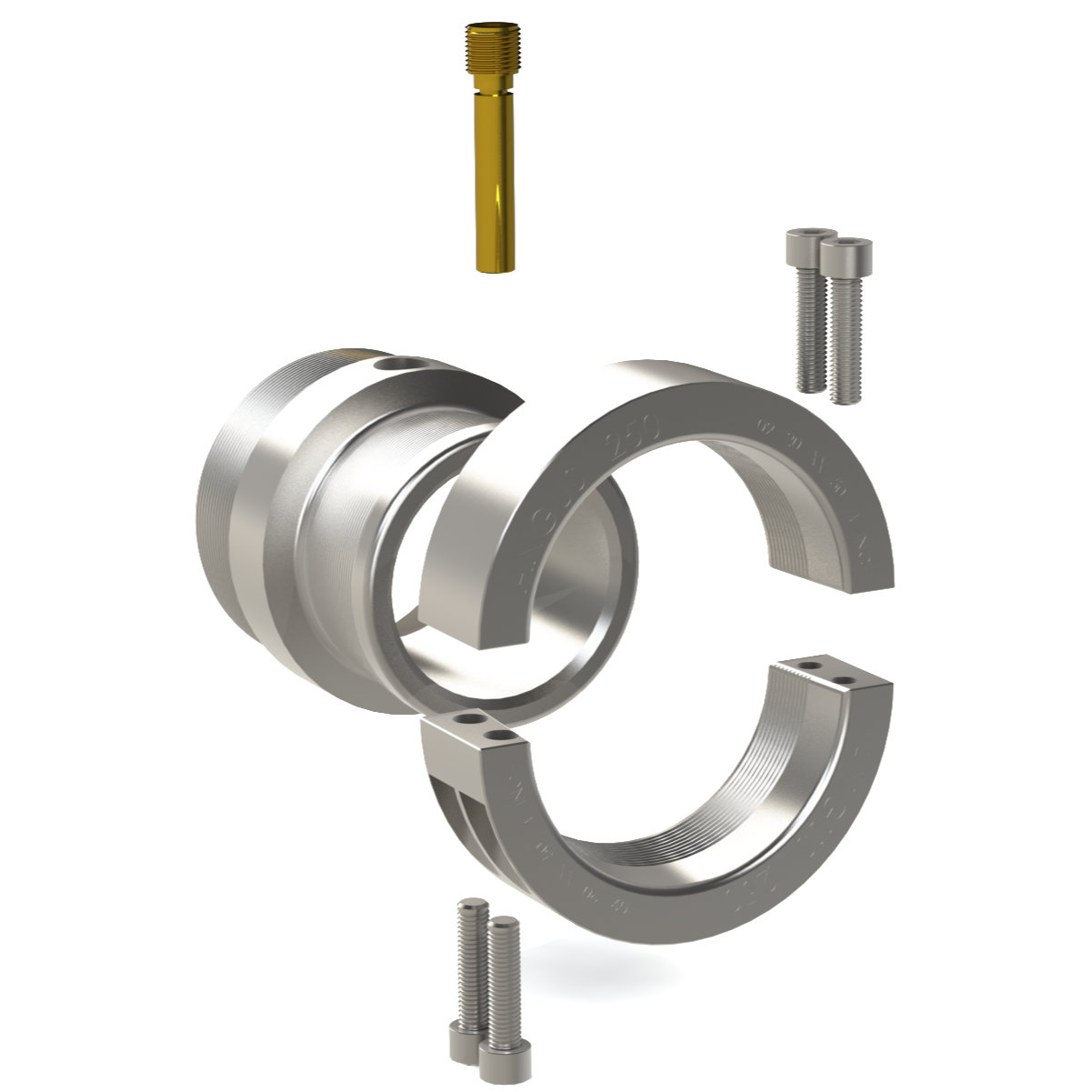 Exploded view of a metal bearing clamp with two semi-circular halves and mounting bolts.