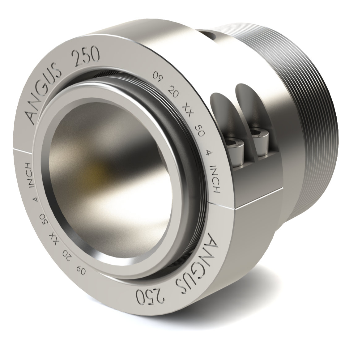 Close-up of a silver camera lens showing engraved markings (e.g., 250, 4 INCH, XX) and grooved metal surfaces.