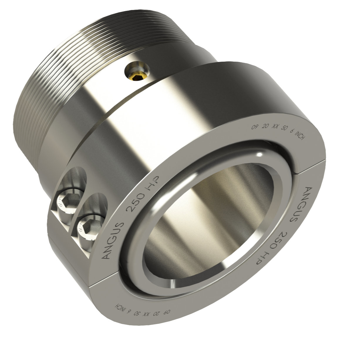 Metallic industrial seal with threaded outer ring and two screws, engraved ANGUS 250 HP.
