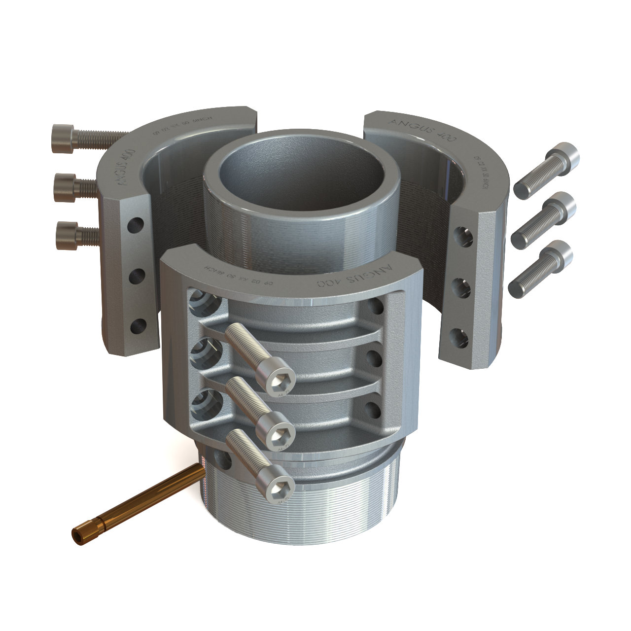 A three‑piece metal pipe coupling with bolts around a gray cylindrical pipe, used to join or repair piping