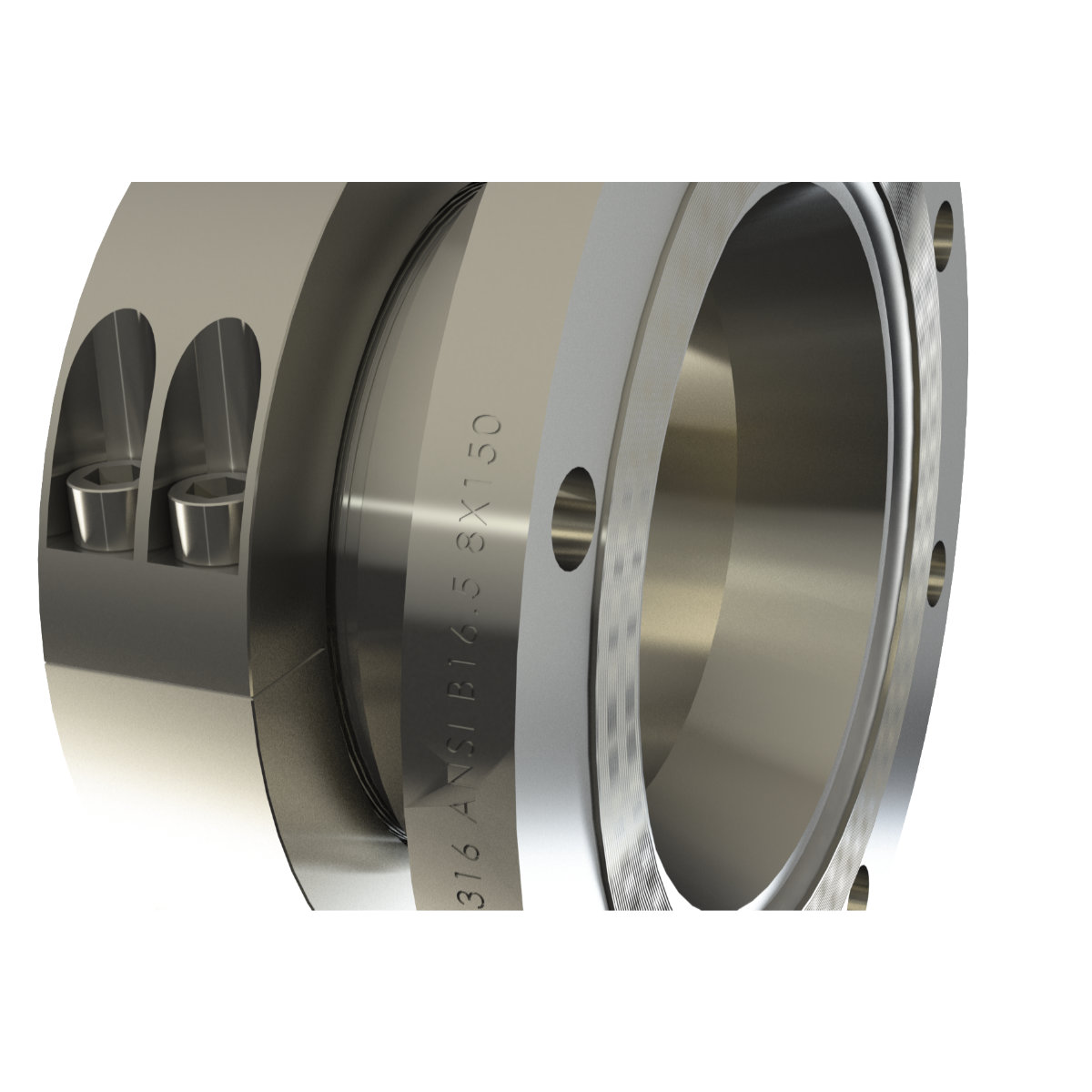 Close-up of a machined metal cylindrical component with flanged ends, bolt holes, and engraved serial markings on the surface.