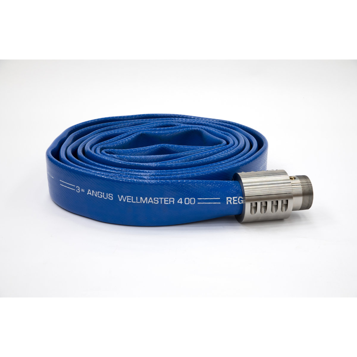 Coiled blue rubber hose with a metal threaded connector at the end, labeled Wellmaster 400