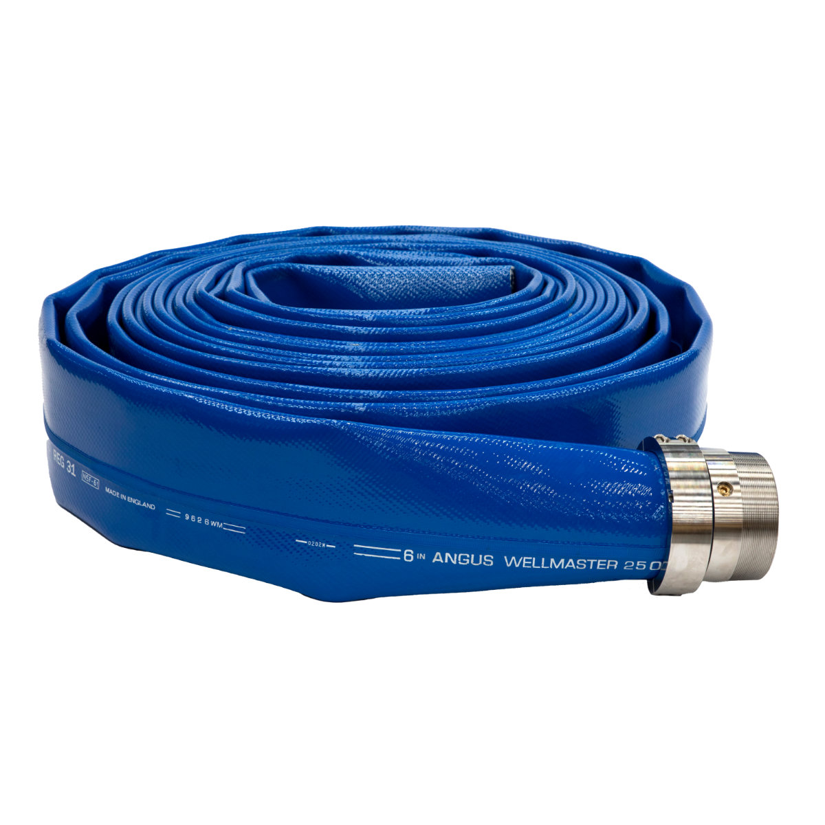 Coiled blue hydraulic hose with a metal connector on the end